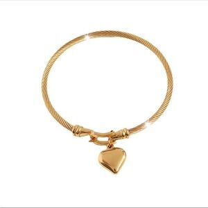 Gold Heart Charm Cable Bangle Bracelet - Women Jewelry